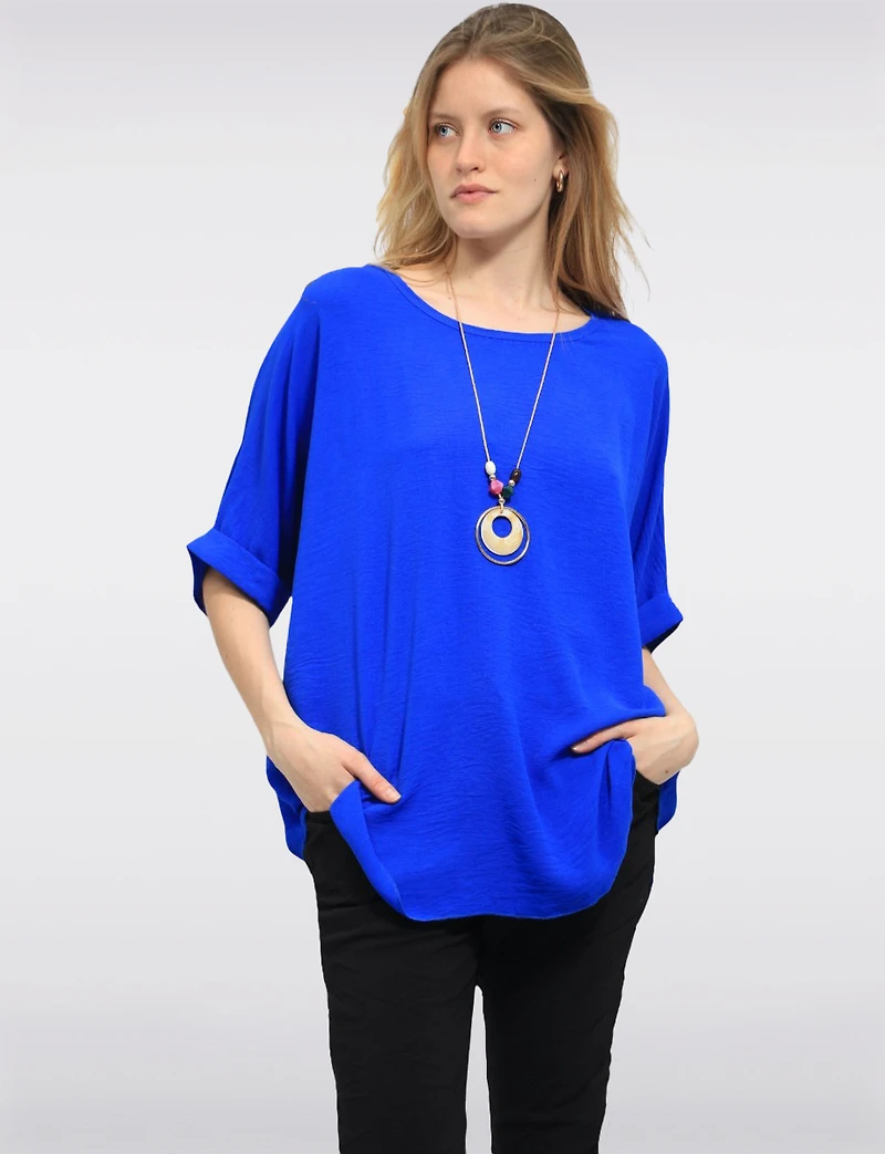 Haut Fluide à Manches Courtes Ourlet Arrondi & Collier Bohème Chic par Froccella