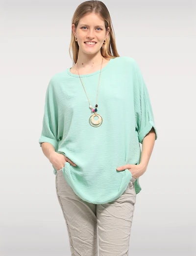 Haut Fluide à Manches Courtes Ourlet Arrondi & Collier Bohème Chic par Froccella