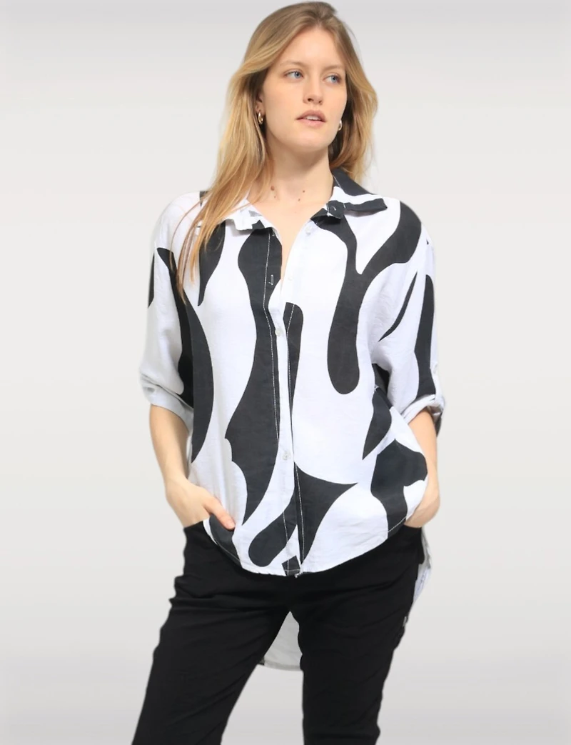 Haut Chic à Imprimé Abstrait Manches 3/4 Ajustables & Col Chemise par Froccella