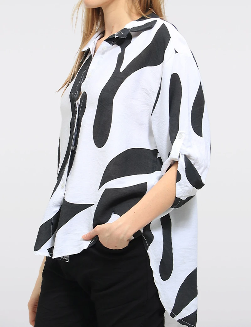 Haut Chic à Imprimé Abstrait Manches 3/4 Ajustables & Col Chemise par Froccella
