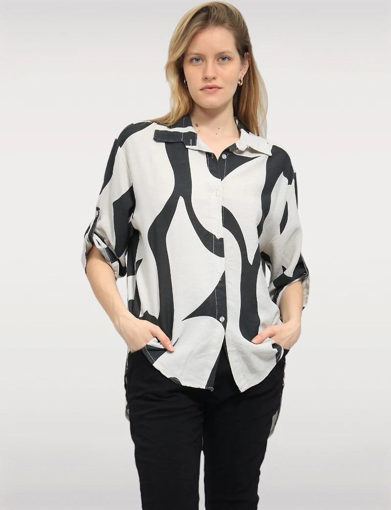 Haut Chic à Imprimé Abstrait Manches 3/4 Ajustables & Col Chemise par Froccella