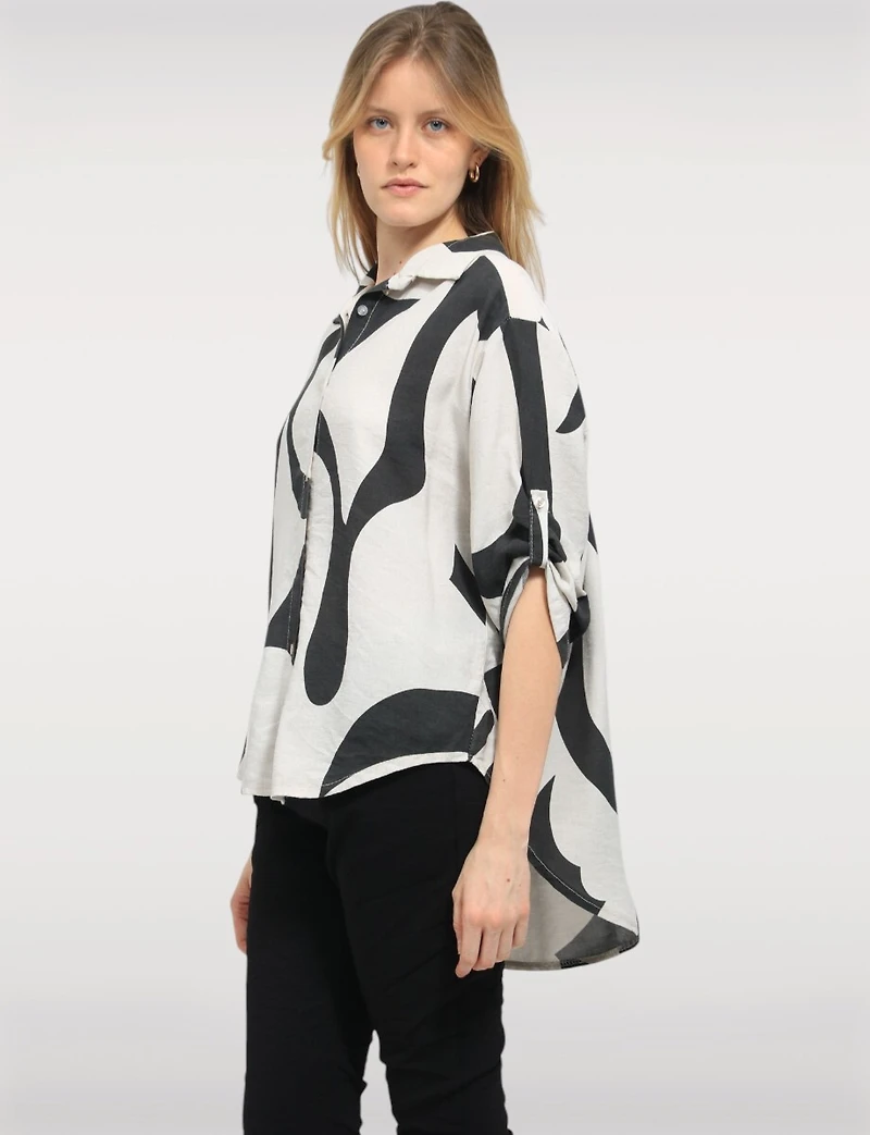 Haut Chic à Imprimé Abstrait Manches 3/4 Ajustables & Col Chemise par Froccella