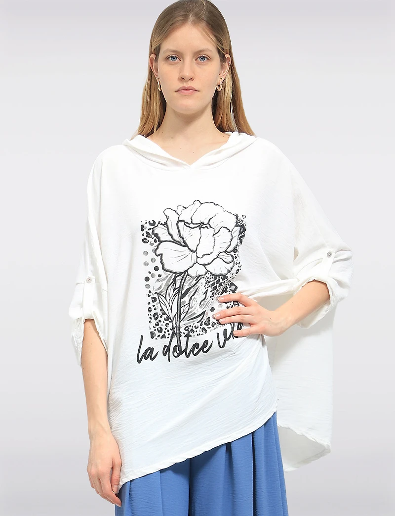 Haut Asymétrique à Capuche avec Imprimé Floral & Manches 3/4 par Froccella