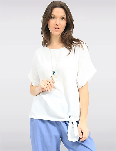 Haut à Manches Courtes Texturé Noué Sur le Devant Avec Collier par Froccella
