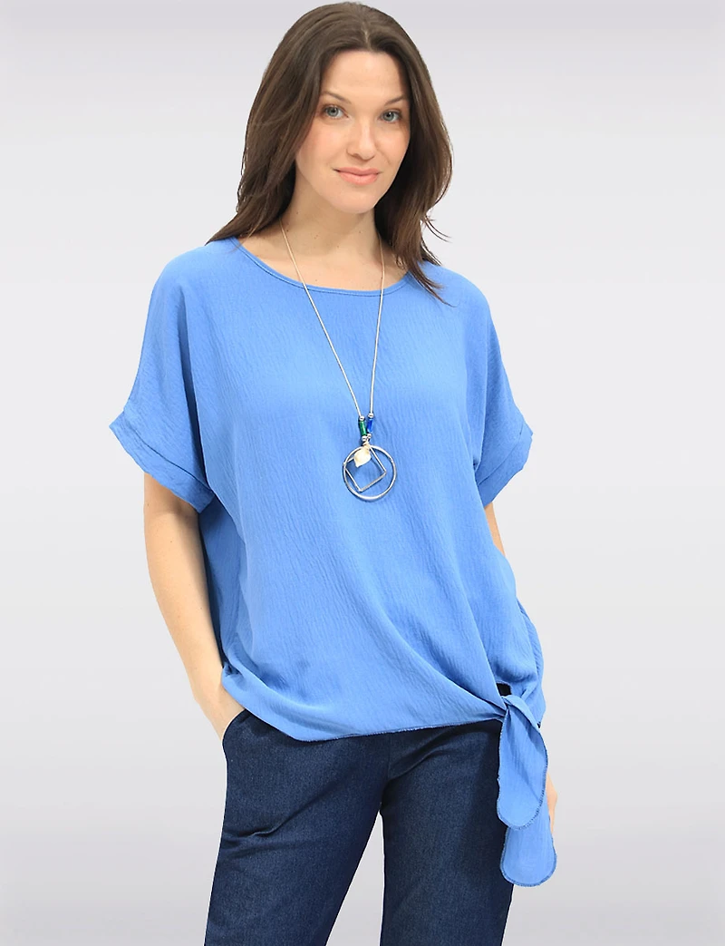 Haut à Manches Courtes Texturé Noué Sur le Devant Avec Collier par Froccella