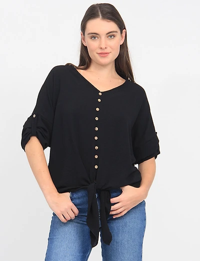 Blouse Unie Froissée à Col V Boutonnée et Nouée L’avant par Froccella