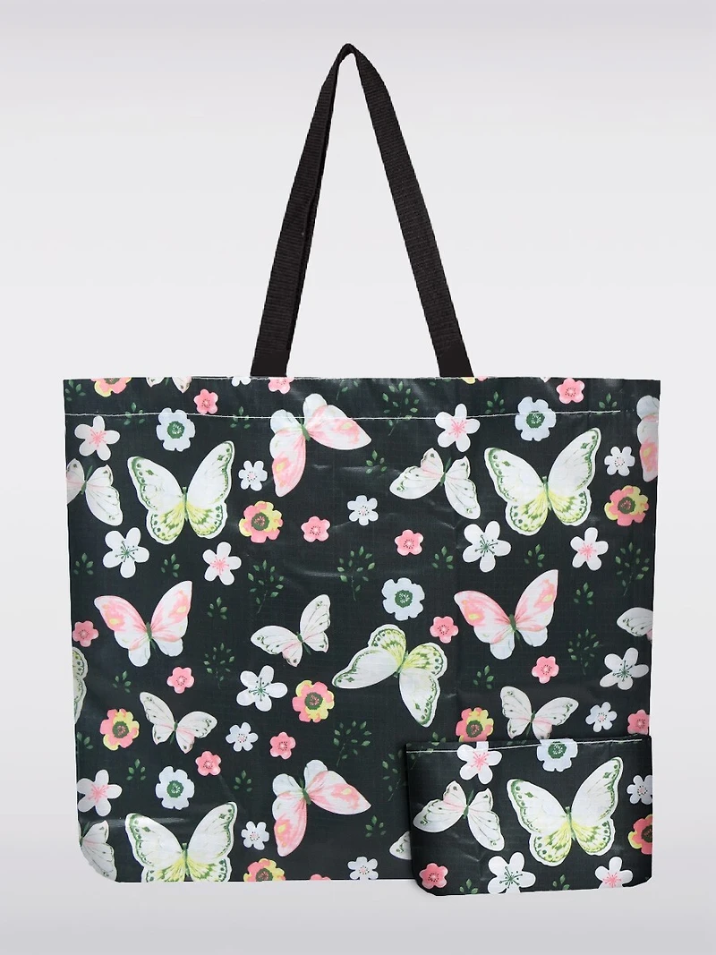 Sac Tote Pliable Réutilisable Noir Motif Papillons | Léger, Recyclé & Compact