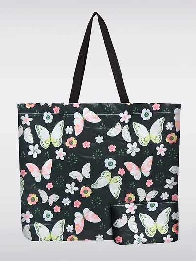 Sac Tote Pliable Réutilisable Noir Motif Papillons | Léger, Recyclé & Compact
