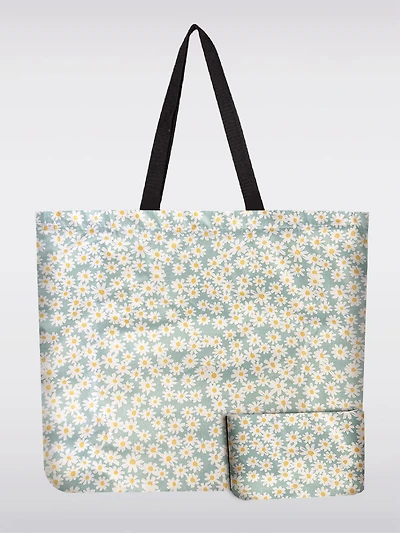 Sac Tote Pliable Réutilisable Motif Marguerites Vert | Léger, Recyclé & Compact