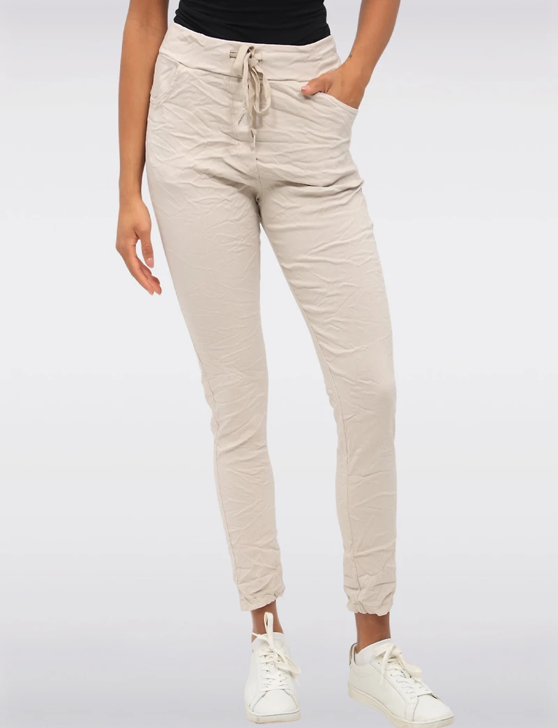 Pantalon Extensible Froissé Ajusté Uni avec Taille Élastique par Froccella