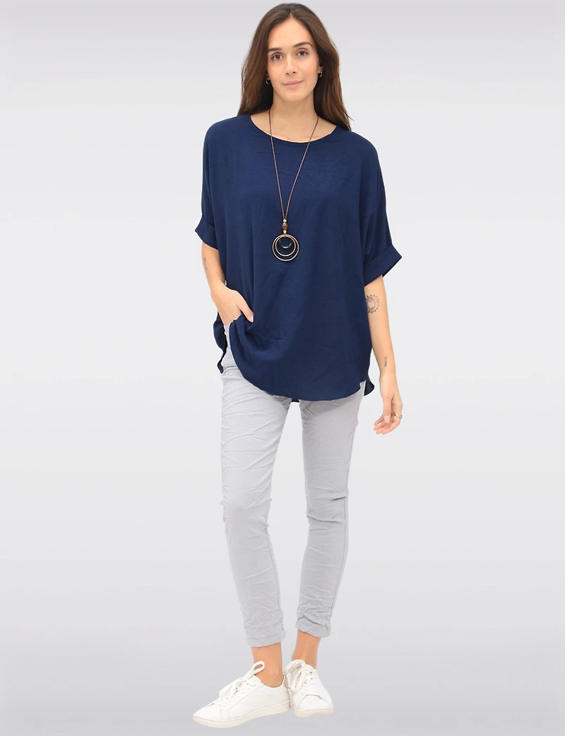 Pantalon Extensible Froissé Ajusté Uni avec Taille Élastique par Froccella