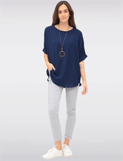 Pantalon Extensible Froissé Ajusté Uni avec Taille Élastique par Froccella