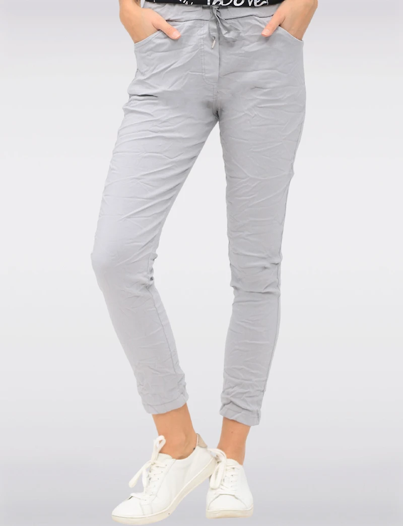 Pantalon Extensible Froissé Ajusté Uni avec Taille Élastique par Froccella