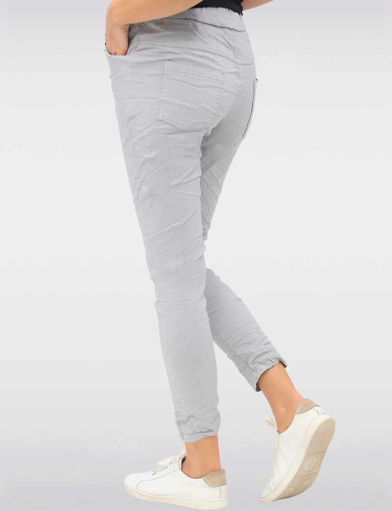 Pantalon Extensible Froissé Ajusté Uni avec Taille Élastique par Froccella