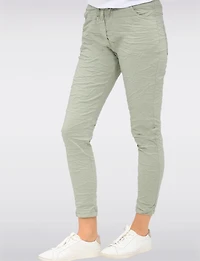 Pantalon Extensible Froissé Ajusté Uni avec Taille Élastique par Froccella