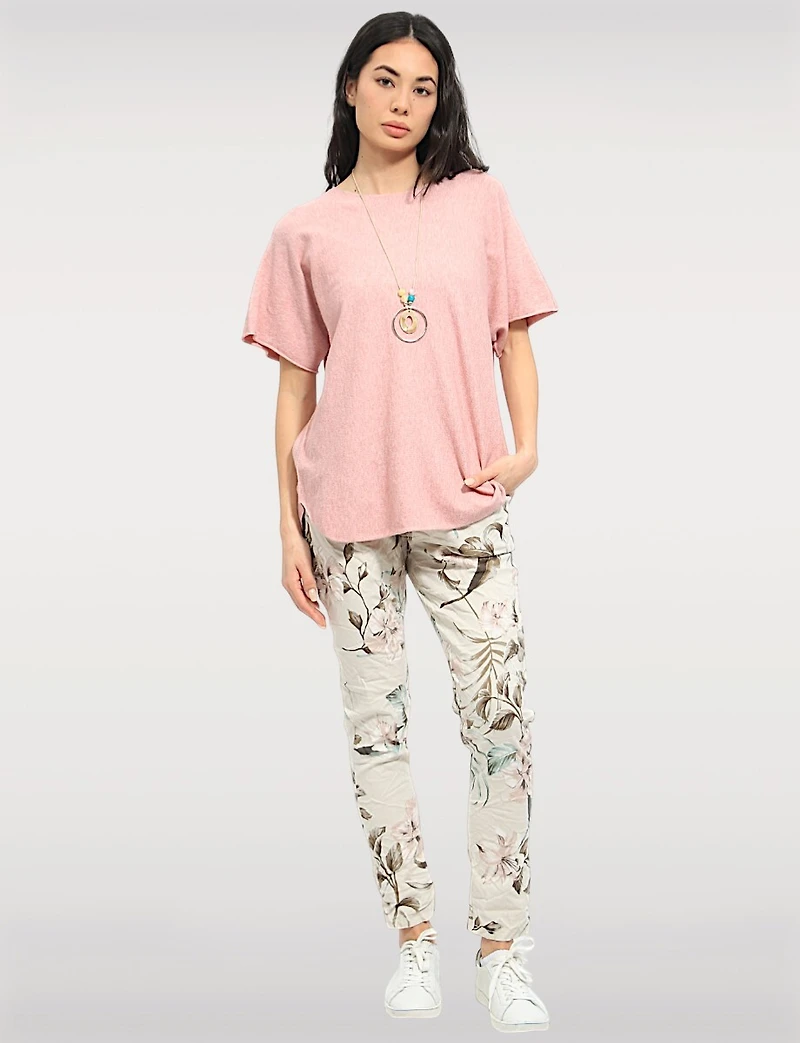 Pantalon Slim Extensible À Imprimé Floral Beige Froissé Par Froccella