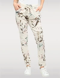 Pantalon Slim Extensible À Imprimé Floral Beige Froissé Par Froccella