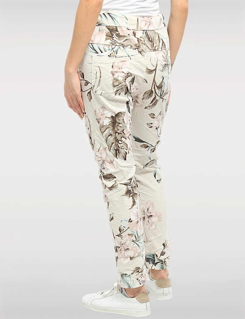 Pantalon Slim Extensible À Imprimé Floral Beige Froissé Par Froccella