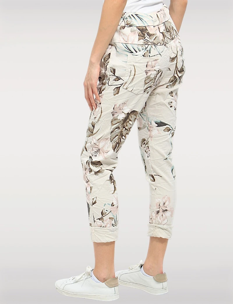 Pantalon Slim Extensible À Imprimé Floral Beige Froissé Par Froccella