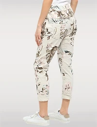 Pantalon Slim Extensible À Imprimé Floral Beige Froissé Par Froccella
