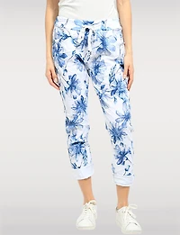 Pantalon Slim Extensible À Imprimé Floral Bleu Et Blanc Froissé Par Froccella
