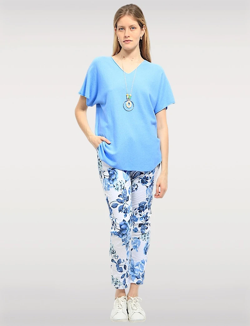 Pantalon Extensible Froissé Ajusté à Fleurs avec Taille Élastique par Froccella