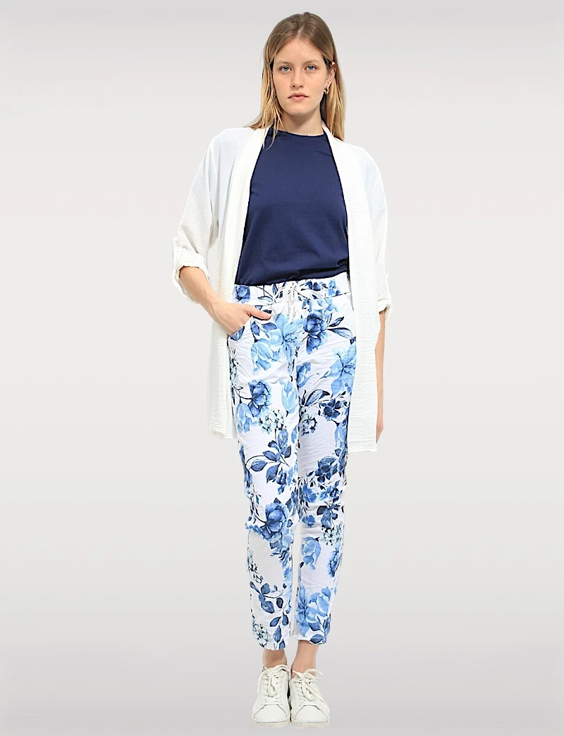 Pantalon Extensible Froissé Ajusté à Fleurs avec Taille Élastique par Froccella