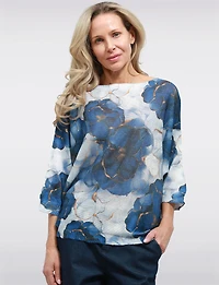 Haut Tricoté à Manches 3/4 Dolman Motifs Bleu Floral & Col Rond par Froccella