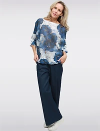 Haut Tricoté à Manches 3/4 Dolman Motifs Bleu Floral & Col Rond par Froccella