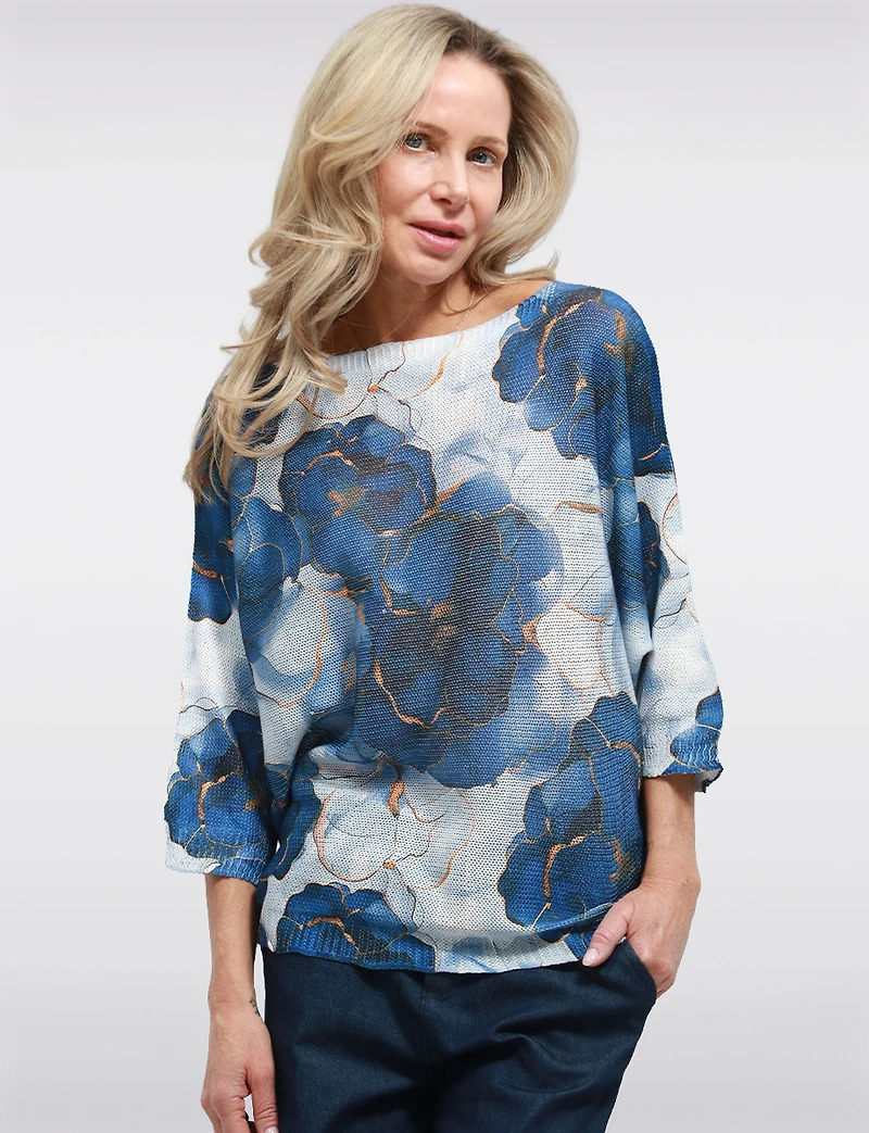 Haut Tricoté à Manches 3/4 Dolman Motifs Bleu Floral & Col Rond par Froccella