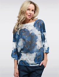 Haut Tricoté à Manches 3/4 Dolman Motifs Bleu Floral & Col Rond par Froccella