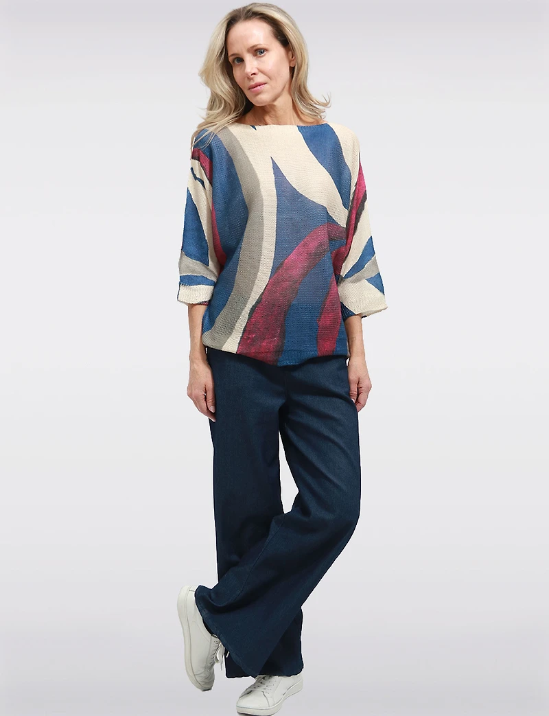 Haut Tricoté à Manches 3/4 Dolman avec Motifs Abstrait & Col Rond par Froccella