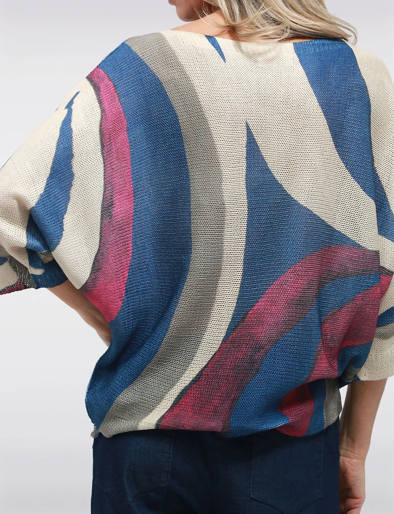 Haut Tricoté à Manches 3/4 Dolman avec Motifs Abstrait & Col Rond par Froccella