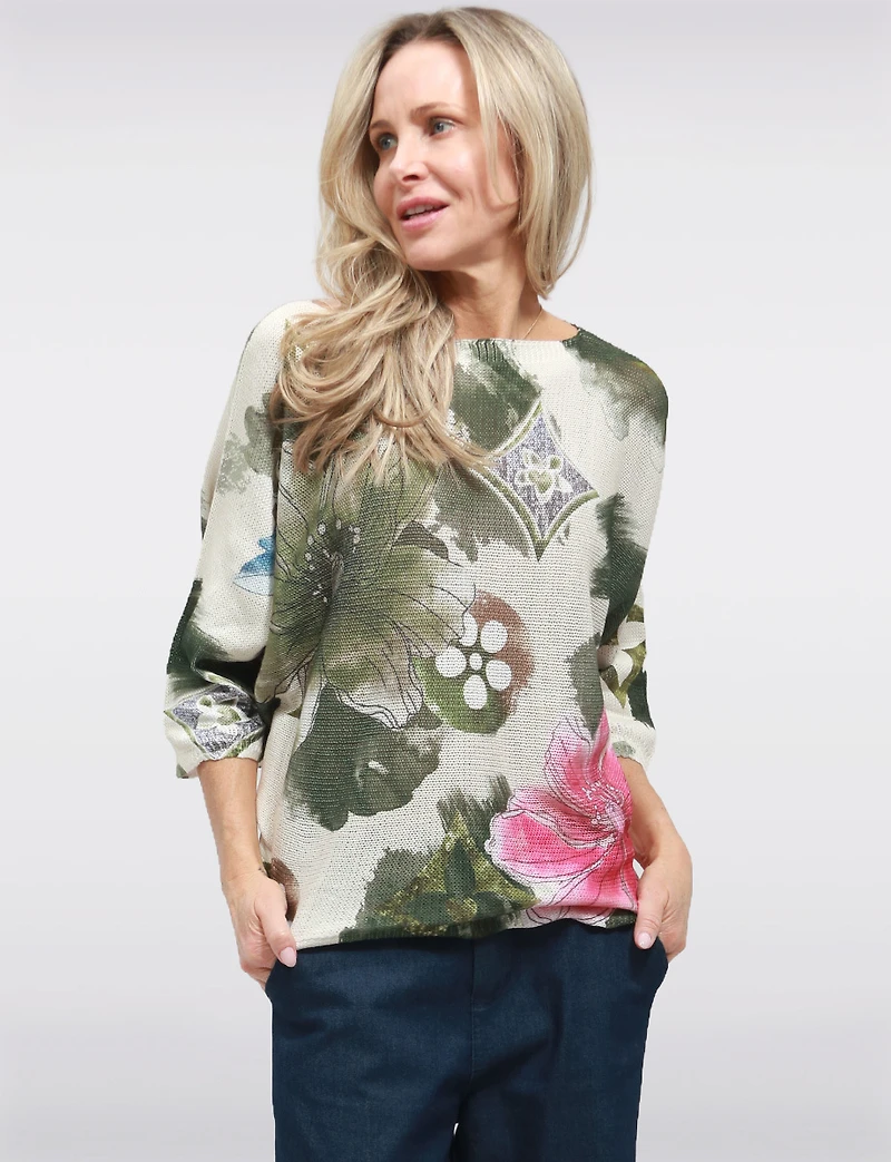 Pull en Tricot à Manches 3/4 Dolman avec Motifs Floraux & Col Rond par Froccella
