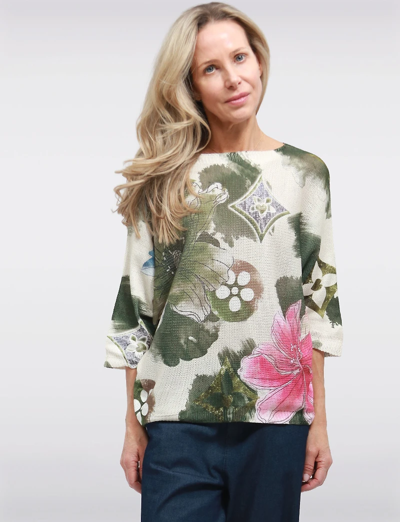 Pull en Tricot à Manches 3/4 Dolman avec Motifs Floraux & Col Rond par Froccella