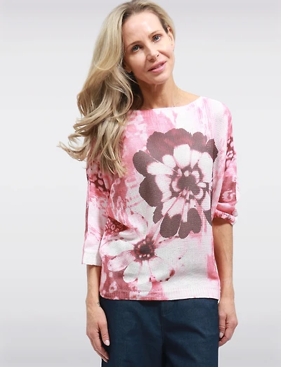 Haut en Tricot à Manches Dolman & Col Rond avec Motif Floral Bleu par Froccella