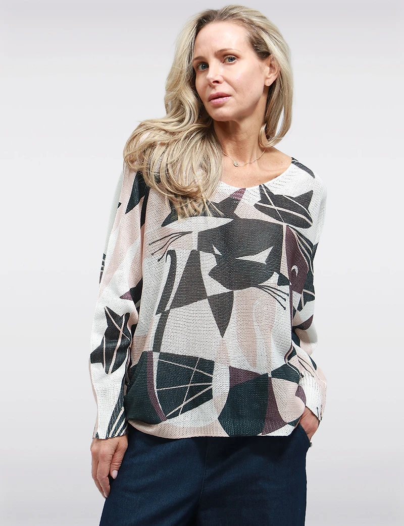 Haut Tricot Fin à Manches Dolman & Col Rond avec Motif de Chats par Froccella