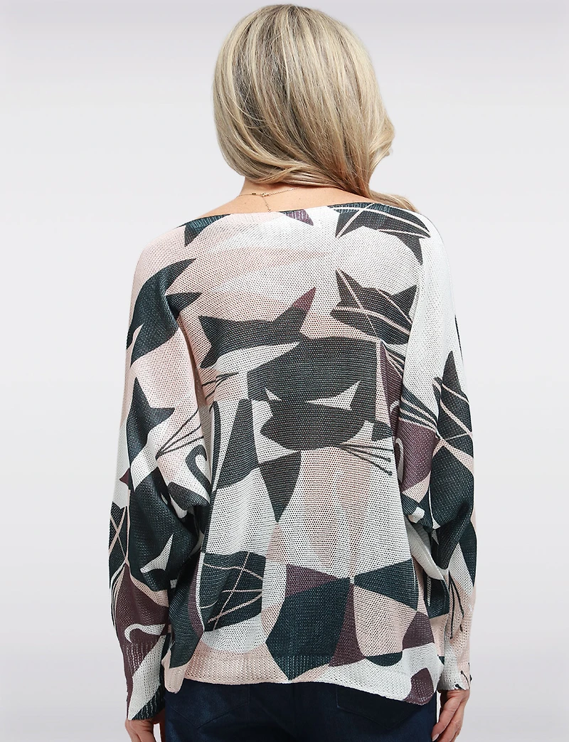 Haut Tricot Fin à Manches Dolman & Col Rond avec Motif de Chats par Froccella