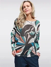 Pull en Tricot à Manches Dolman & Col Rond avec Motif Visage Abstrait Froccella