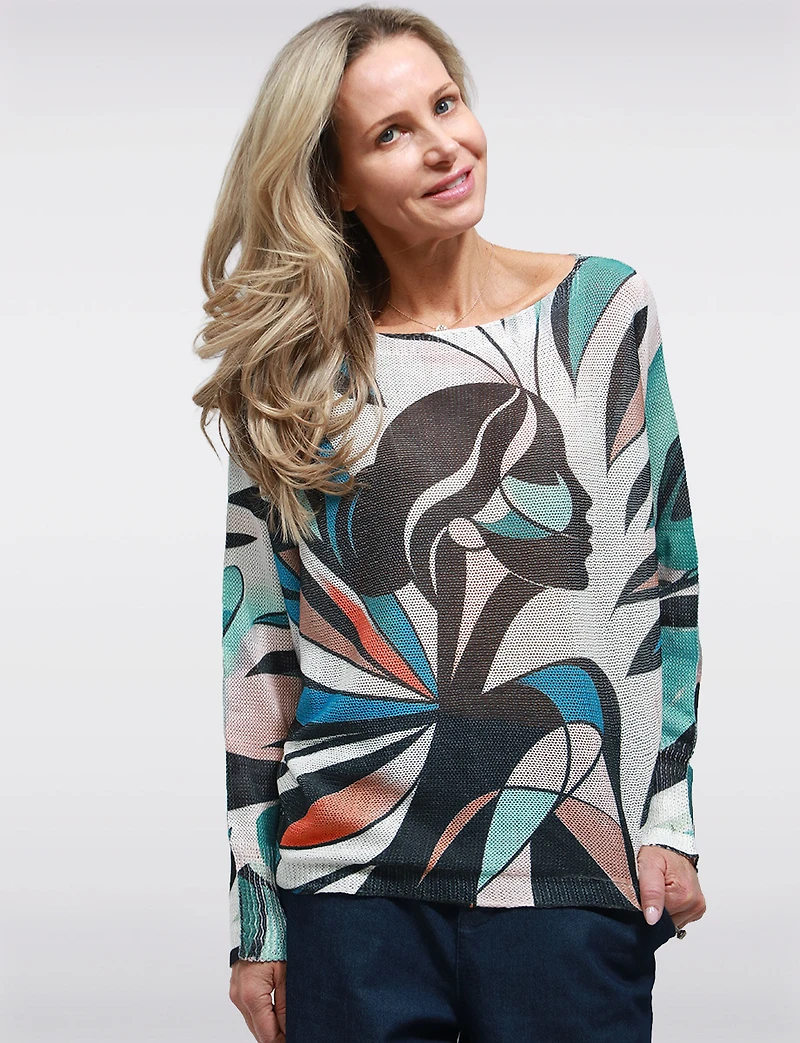 Pull en Tricot à Manches Dolman & Col Rond avec Motif Visage Abstrait Froccella