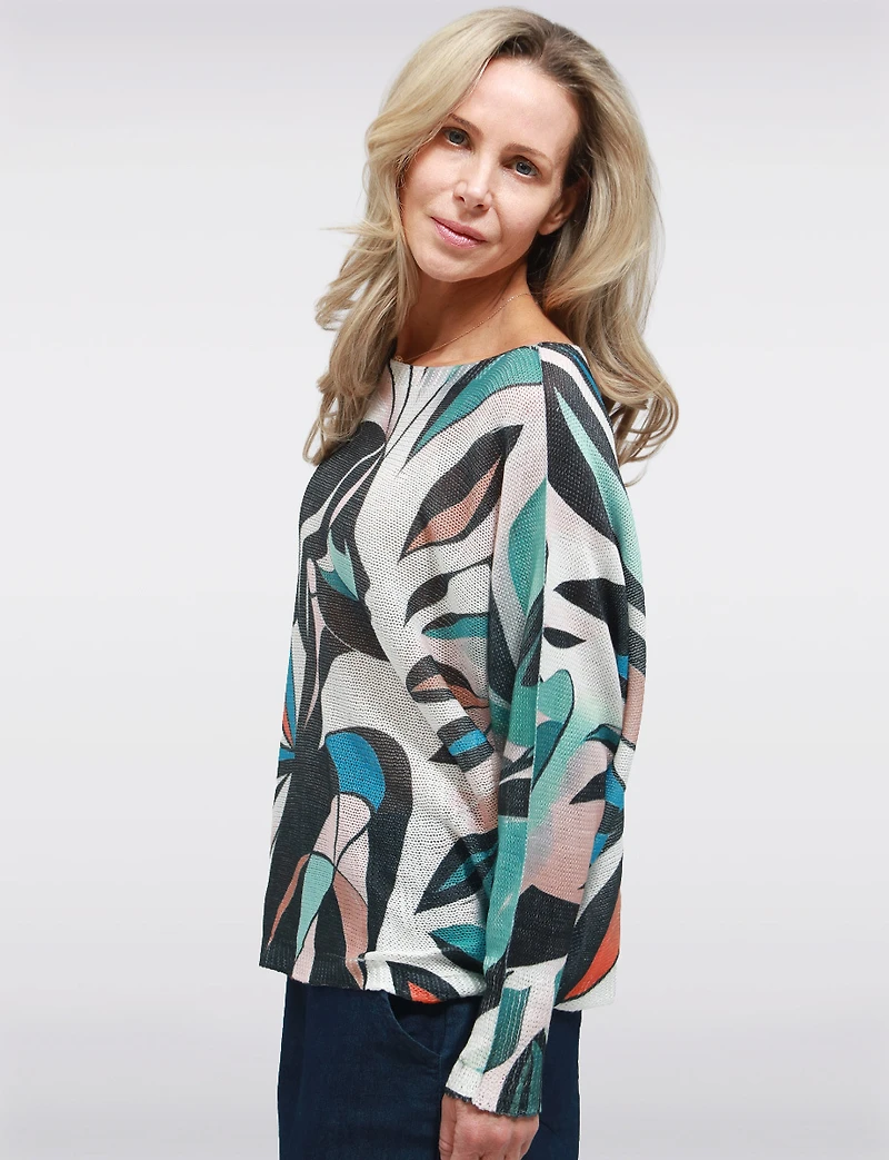 Pull en Tricot à Manches Dolman & Col Rond avec Motif Visage Abstrait Froccella