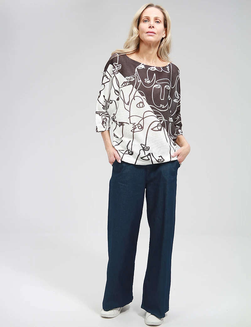 Haut Tricoté à Manches 3/4 Dolman avec Motifs Visages & Col Rond par Froccella