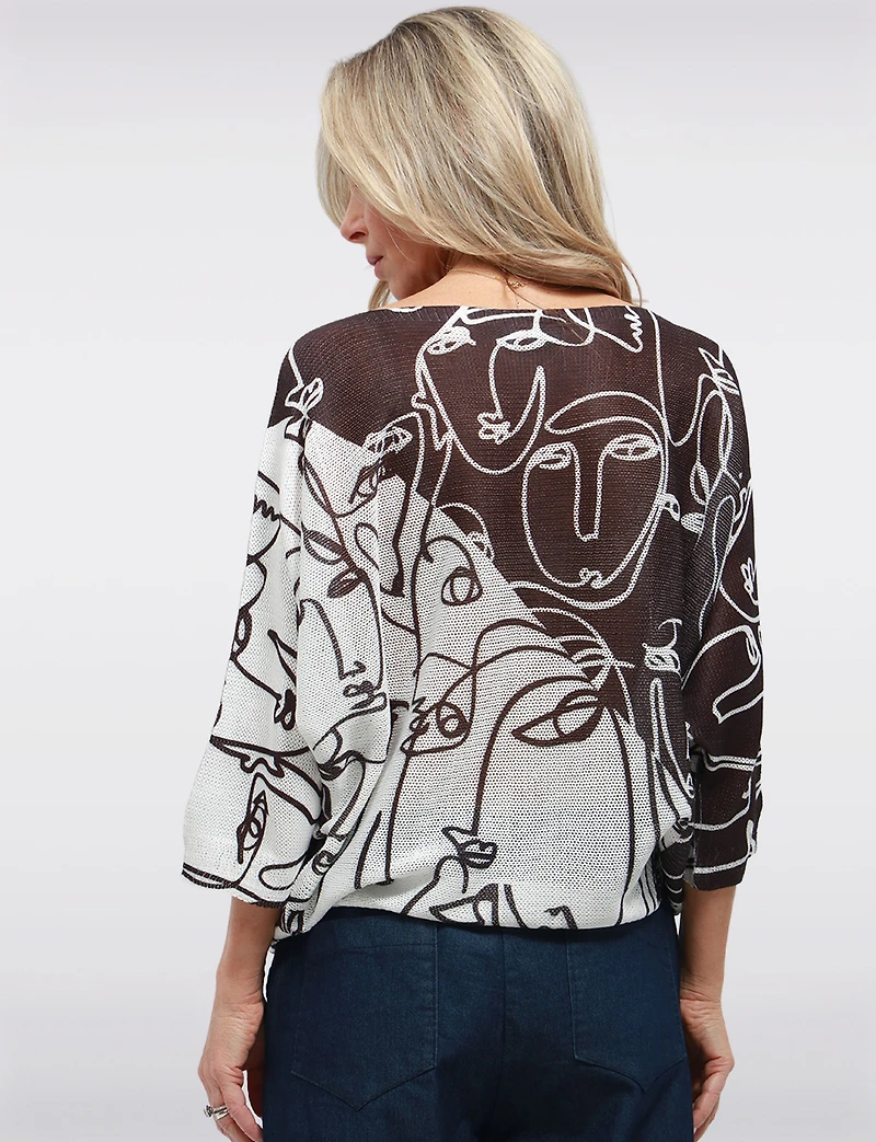 Haut Tricoté à Manches 3/4 Dolman avec Motifs Visages & Col Rond par Froccella