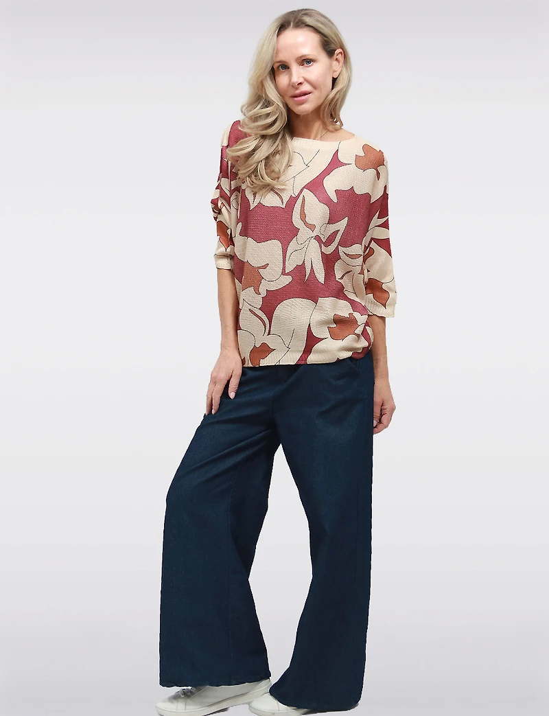 Haut Tricoté à Manches 3/4 Dolman avec Motifs Floraux & Col Rond par Froccella