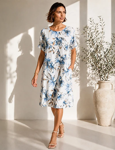 Robe Midi Décontractée Froccella à Imprimé Floral Rayé Avec Poches Latérales