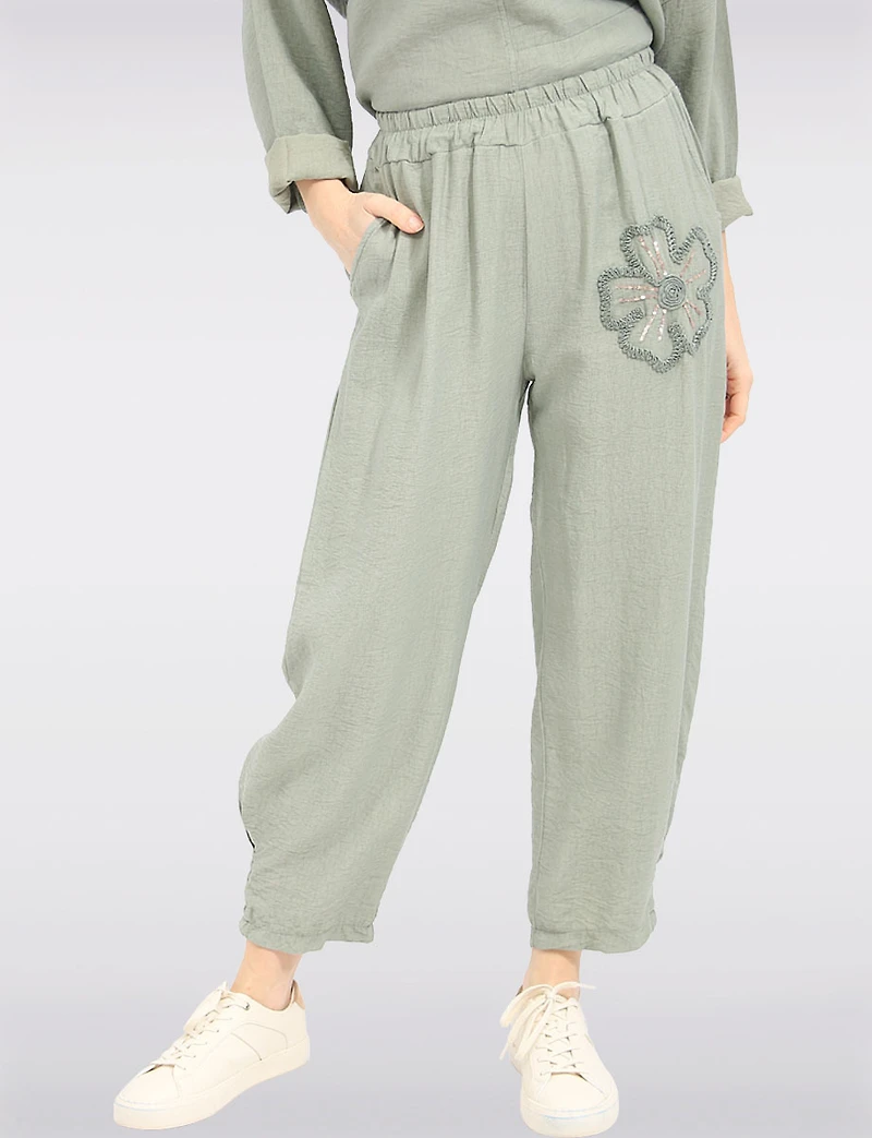 Pantalon Léger Taille Élastique avec Applique de Fleurs & Strass par Froccella