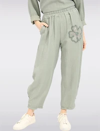 Pantalon Léger Taille Élastique avec Applique de Fleurs & Strass par Froccella