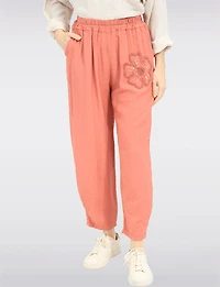 Pantalon Léger Taille Élastique avec Applique de Fleurs & Poches par Froccella