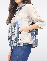 Haut Zippé à Capuche en Mélange de Lin & Imprimé Floral Bleu par Froccella
