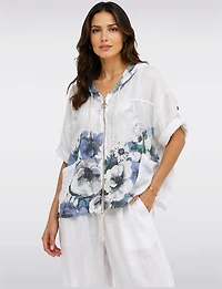 Haut Zippé à Capuche en Mélange de Lin & Imprimé Floral Bleu par Froccella